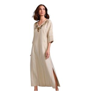 Soft Surroundings Ibiza Flax Linen Blend Jeweled V Neckline Kaftan Maxi Dress